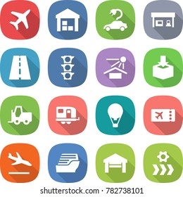 flat vector icon set - plane vector, warehouse, electric car, gas station, road, traffic light, sun potection, package, fork loader, trailer, air ballon, ticket, arrival, cruise ship, garage