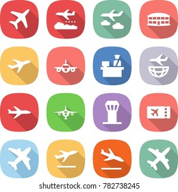 flat vector icon set - plane vector, weather management, journey, airport building, customs control, shipping, tower, ticket, airplane, departure, arrival