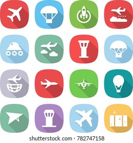 flat vector icon set - plane vector, parachute, rocket, weather management, lunar rover, journey, airport tower, delivery, shipping, air ballon, deltaplane, airplane, clean window