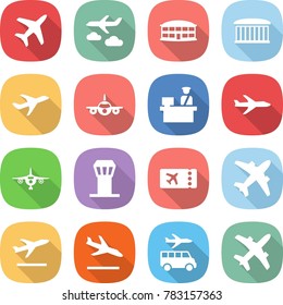 flat vector icon set - plane vector, journey, airport building, customs control, tower, ticket, airplane, departure, arrival, transfer