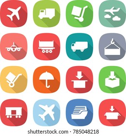flat vector icon set - plane vector, truck, cargo stoller, journey, shipping, loading crane, trolley, dry, package, railroad, airplane, cruise ship