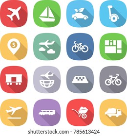 flat vector icon set - plane vector, boat, eco car, gyroscooter, dollar pin, journey, bike, consolidated cargo, railroad shipping, taxi, departure, speed train, wheelbarrow, trash truck