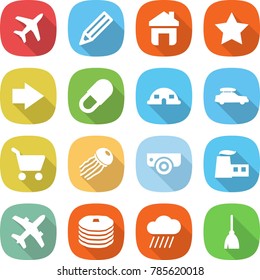 flat vector icon set - plane vector, pencil, home, star, right arrow, pill, dome house, car baggage, cart, jellyfish, surveillance camera, factory, pancakes, rain cloud, broom