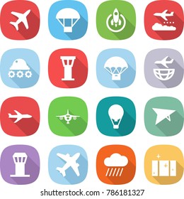 flat vector icon set - plane vector, parachute, rocket, weather management, lunar rover, airport tower, delivery, shipping, air ballon, deltaplane, airplane, rain cloud, clean window