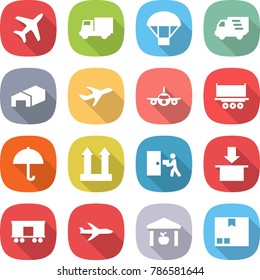 flat vector icon set - plane vector, truck, parachute, delivery, warehouse, shipping, dry cargo, top sign, courier, package, railroad