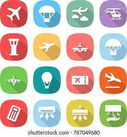 flat vector icon set - plane vector, parachute, journey, ambulance helicopter, airport tower, delivery, air ballon, ticket, arrival, inflatable mattress, conditioning, hand dryer