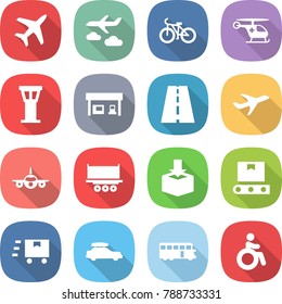 flat vector icon set - plane vector, journey, bike, ambulance helicopter, airport tower, gas station, road, truck shipping, package, transporter tape, fast deliver, car baggage, bus, invalid