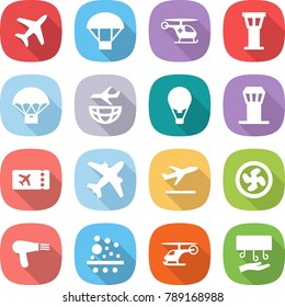 flat vector icon set - plane vector, parachute, ambulance helicopter, airport tower, delivery, shipping, air ballon, ticket, airplane, departure, cooler fan, hair dryer, filter, hand
