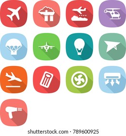 flat vector icon set - plane vector, factory filter, weather management, ambulance helicopter, parachute delivery, air ballon, deltaplane, arrival, inflatable mattress, cooler fan, conditioning