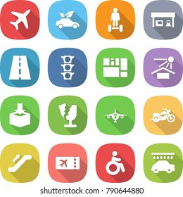 flat vector icon set - plane vector, eco car, hoverboard, gas station, road, traffic light, consolidated cargo, sun potection, package, broken, motorcycle, escalator, ticket, invalid, wash