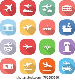 flat vector icon set - plane vector, weather management, journey, airport building, customs control, shipping, tower, ticket, departure, arrival, transfer