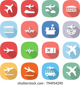 flat vector icon set - plane vector, weather management, journey, airport building, customs control, shipping, ticket, airplane, departure, arrival, transfer