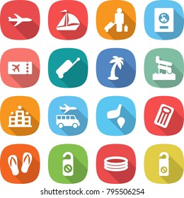 flat vector icon set - plane vector, sail boat, passenger, passport, ticket, suitcase, palm, aquapark, hotel, transfer, golf, inflatable mattress, flip flops, do not distrub, pool