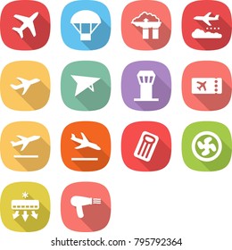 flat vector icon set - plane vector, parachute, factory filter, weather management, deltaplane, airport tower, ticket, departure, arrival, inflatable mattress, cooler fan, air conditioning