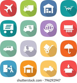 flat vector icon set - plane vector, truck, warehouse, drone, delivery, shipping, car, scooter, trolley, dry cargo, courier, pickup, package
