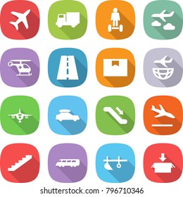 flat vector icon set - plane vector, truck, hoverboard, journey, ambulance helicopter, road, package box, shipping, car baggage, escalator, arrival, stairs, speed train, plow