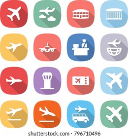 flat vector icon set - plane vector, journey, airport building, customs control, shipping, tower, ticket, airplane, departure, arrival, transfer