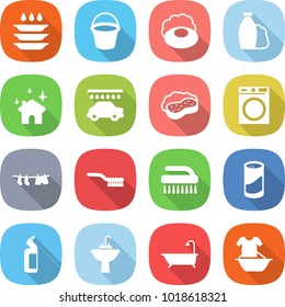 flat vector icon set - plate washing vector, bucket, soap, shampoo, house cleaning, car wash, sponge with foam, machine, drying clothes, brush, cleanser powder, toilet, water tap sink, bath, handle