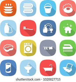 flat vector icon set - plate washing vector, towel, bucket, soap, shampoo, tooth brush, dish cleanser, house cleaning, sponge with foam, machine, drying clothes, powder, water tap sink, bath, floor