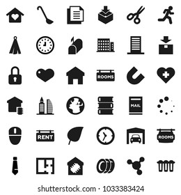 Flat vector icon set - plates vector, towel, ladle, book, magnet, scissors, molecule, leaf, clock, tie, heart cross, run, earth, document, package, home, loading, mailbox, garage, plan, rooms, love