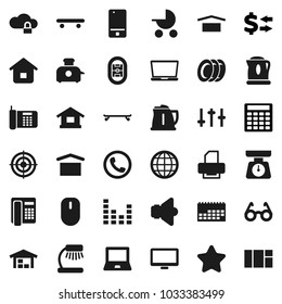 Flat vector icon set - plates vector, kettle, scales, glasses, table lamp, notebook pc, exchange, calculator, skateboard, target, stadium, calendar, dry cargo, speaker, settings, equalizer, monitor