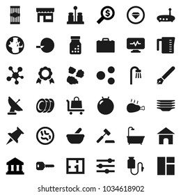 Flat vector icon set - plates vector, garbage pile, measuring cup, spices, pasta, chicken leg, pen, case, medal, world, bank, money search, fitball, social media, thumbtack, insemination, mortar
