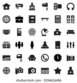 Flat vector icon set - plates vector, mixer, copybook, table lamp, calculator, case, clock, man, stadium, skateboard, target, calendar, camera, settings, video, mobile phone, headphones, globe, new