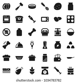 Flat vector icon set - plates vector, pan, camping cauldron, colander, scales, cook hat, press, skimmer, meat hammer, oven, blender, sieve, dish, jar, cereal, potato, chicken leg, pills vial, breads