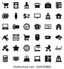 Flat vector icon set - plates vector, kettle, glasses, case, table lamp, calculator, notebook pc, exchange, man, satellite, dry cargo, tv, video camera, internet, monitor, speaker, cloud lock, globe