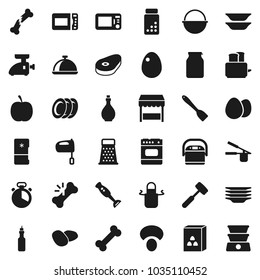Flat vector icon set - plates vector, camping cauldron, oil, apron, cook timer, press, spatula, meat hammer, grater, mixer, toaster, blender, dish, jar, cereal, egg, mushroom, potato, steak, diet