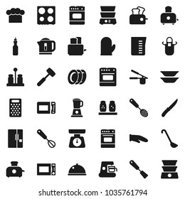 Flat vector icon set - plates vector, measuring cup, scales, cook hat, apron, glove, press, whisk, skimmer, spatula, ladle, knife, meat hammer, grater, toaster, microwave oven, double boiler, spices