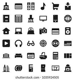 Flat vector icon set - plates vector, kettle, copybook, glasses, notebook pc, music, world, calculator, calendar, target, package, tv, mobile phone, headphones, monitor, speaker, play button, globe