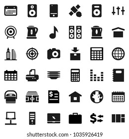 Flat vector icon set - plates vector, kettle, copybook, music, world, exchange, case, annual report, calculator, calendar, stadium, target, satellite, dry cargo, package, camera, settings, equalizer