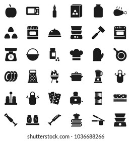 Flat vector icon set - plates vector, pan, camping cauldron, scales, cook hat, apron, glove, press, meat hammer, grater, toaster, double boiler, cookbook, spices, bbq, dish, jar, cereal, pasta, oil