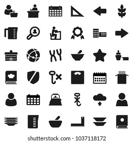 Flat vector icon set - plates vector, kettle, measuring cup, cookbook, pasta, university, school building, corner ruler, student, medal, calendar, scales, cereals, port, no hook, protected, mortar