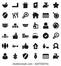 Flat vector icon set - plates vector, pan, kettle, colander, pasta, pen, school building, corner ruler, student, medal, dollar growth, man, hierarchy, calendar, cereals, port, protected, finger up