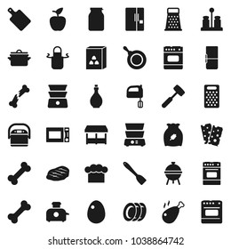 Flat vector icon set - plates vector, pan, oil, cook hat, apron, spatula, meat hammer, cutting board, grater, mixer, microwave oven, double boiler, spices, bbq, jar, cereal, egg, steak, chicken leg