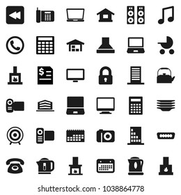 Flat vector icon set - plates vector, kettle, calculator, music, annual report, target, calendar, video camera, monitor, notebook pc, backward button, hdmi, barn, office building, lock, fireplace