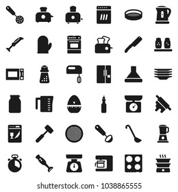 Flat vector icon set - plates vector, kettle, measuring cup, scales, cook glove, timer, skimmer, ladle, knife, rolling pin, meat hammer, hand mill, toaster, microwave oven, spices, blender, sieve