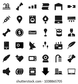 Flat vector icon set - plates vector, shower, pen, dollar coin, arrow down, safe, punching bag, sports nutrition, pool, heart cross, bone, map pin, sorting, satellite antenna, speaker, mobile phone