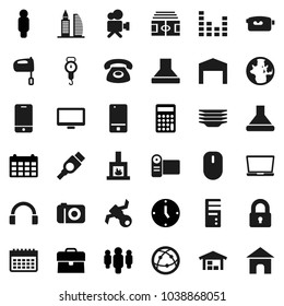 Flat vector icon set - plates vector, scales, mixer, world, case, calculator, clock, man, calendar, stadium, satellite, equalizer, video camera, internet, mobile phone, headphones, monitor, hdmi