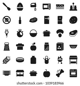 Flat vector icon set - plates vector, pan, camping cauldron, colander, scales, cook hat, apron, timer, spatula, grater, mixer, microwave oven, spices, bbq, sieve, jar, cereal, mushroom, potato, oil