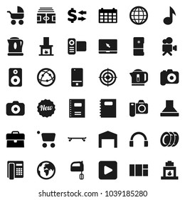 Flat vector icon set - plates vector, mixer, copybook, music, exchange, case, calendar, stadium, skateboard, target, earth, camera, video, internet, mobile phone, headphones, notebook pc, speaker