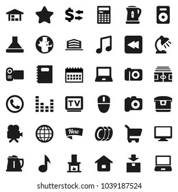 Flat vector icon set - plates vector, kettle, copybook, table lamp, calculator, notebook pc, music, world, exchange, calendar, stadium, package, camera, equalizer, tv, video, monitor, speaker, globe