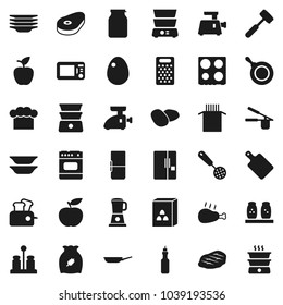 Flat vector icon set - plates vector, pan, cook hat, press, skimmer, meat hammer, cutting board, grater, oven, double boiler, spices, jar, cereal, egg, pasta, potato, steak, chicken leg, oil, diet