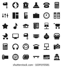 Flat vector icon set - plates vector, mixer, case, calculator, music, world, clock, skateboard, calendar, dry cargo, package, settings, internet, headphones, monitor, notebook network, barn, phone