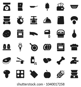 Flat vector icon set - plates vector, pan, oil, colander, scales, cook hat, glove, timer, press, cutting board, mixer, oven, double boiler, spices, dish, cereal, mushroom, potato, steak, diet, bone