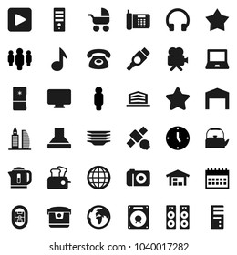 Flat vector icon set - plates vector, kettle, notebook pc, music, clock, man, calendar, stadium, earth, satellite, video camera, headphones, play button, hdmi, globe, barn, office building, phone