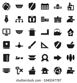 Flat vector icon set - plates vector, kettle, colander, measuring cup, pasta, pen, university, school building, corner ruler, student, medal, dollar growth, man, calendar, monitor, scales, port