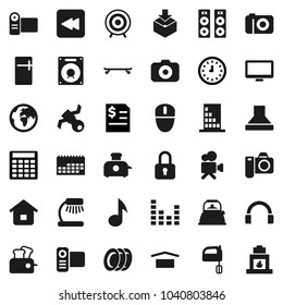 Flat vector icon set - plates vector, kettle, mixer, table lamp, music, annual report, calculator, clock, skateboard, target, earth, satellite, calendar, dry cargo, package, camera, equalizer, video
